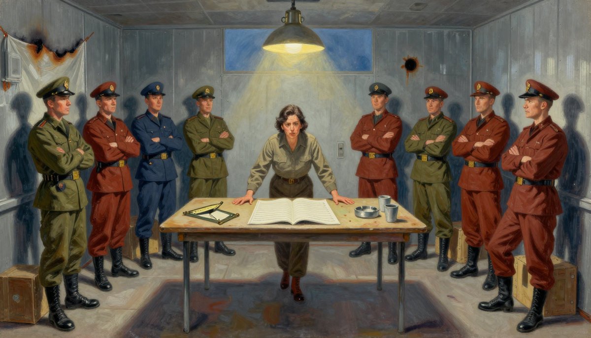 A painted stripped command room with scorch on one bulkhead: officers in three different uniforms around a folding trestle table, and a short-haired weathered woman past forty leaning forward on both palms at the centre of it, mid-argument
