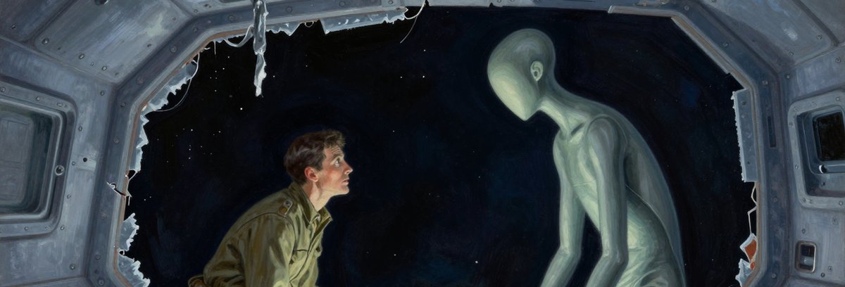 A painted wrecked ship interior in deep blue dark: a man kneeling with his hands open, facing a tall grey-green alien lowered onto long folded limbs so the two are level, its smooth hairless cranium swept back into two curved processes and no face on it at all