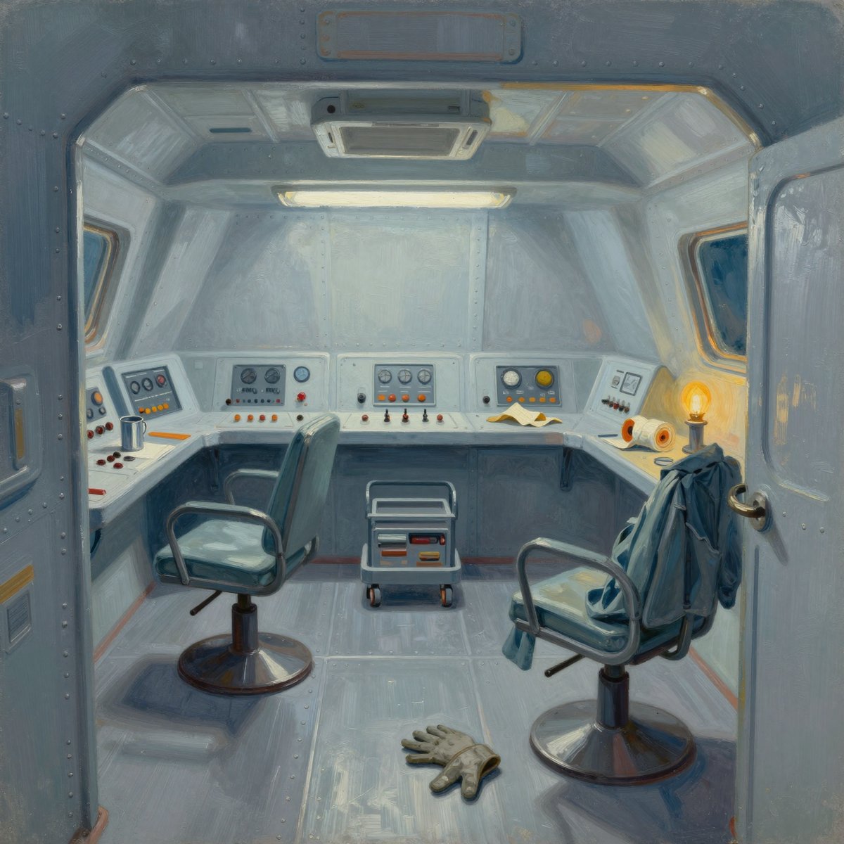 A painted empty relay-station operations deck with the lights still on: a swivel chair pushed back at an angle, a tin cup standing on a console, a work coat over a seat-back, a loaded hand-trolley left standing, and nobody anywhere