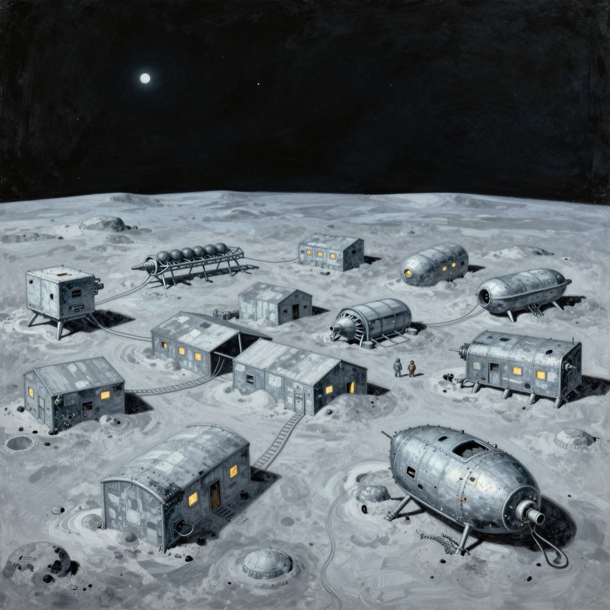 A painted refugee anchorage on a frozen moon: low prefabricated shelters half drifted over with snow and lit warm gold from inside, thirty mismatched patched ships set down around them at odd angles, under a black sky with hard stars