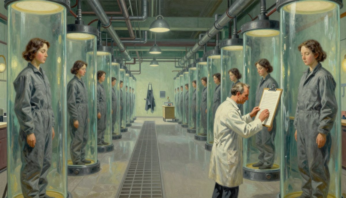 A painted enormous factory hall converted to grow soldiers: two receding rows of tall glass cylinders each holding one sleeping adult figure in grey, all with the same face, and a soft-built middle-aged man in a lab coat walking the aisle bent over a clipboard