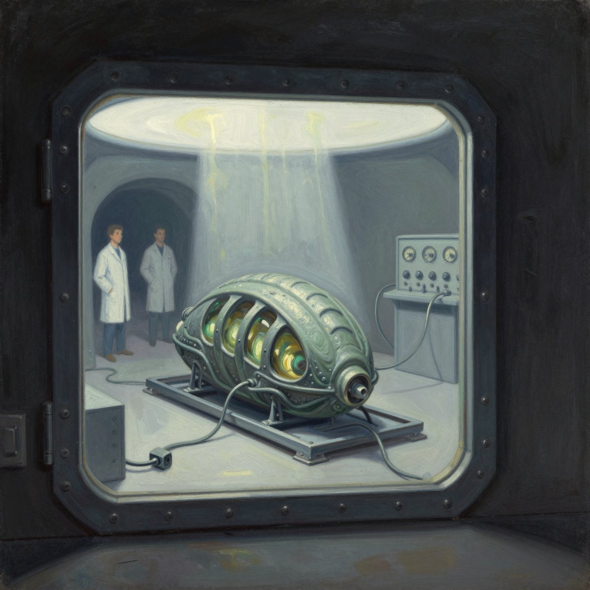 A painted small sealed underground chamber seen through heavy riveted observation glass: a grown, ribbed grey-green alien drive component the size of a car resting on a steel cradle with faint green-gold light moving deep inside it, cables running away to instrument racks
