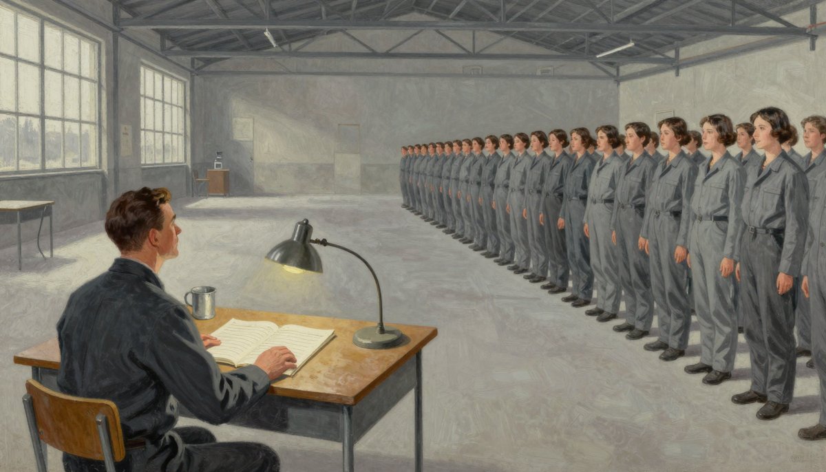 A painted bare hangar used as a muster hall: a man in a plain dark tunic seated at a folding trestle desk with an open ledger, looking up, while a single unhurried column of figures in grey coveralls files past him into the depth of the building, every one with the same face