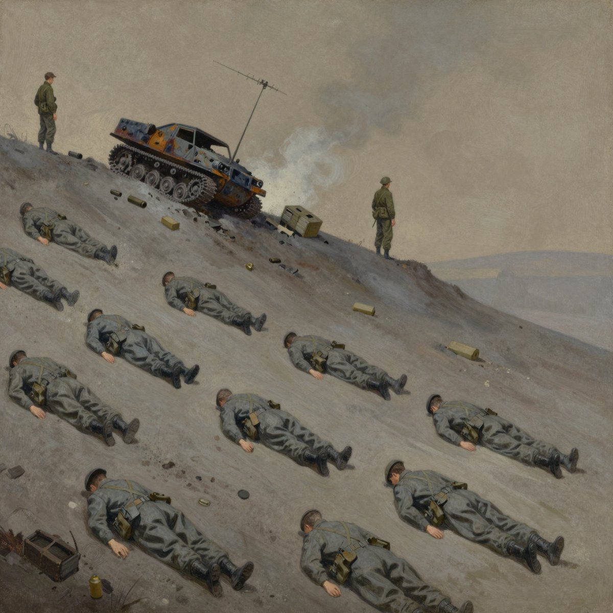 A painted ridge line at dusk after a failed attack: churned grey ground, a burnt-out tracked vehicle canted on its side, smoke drifting low, and scattered figures in identical plain grey uniforms lying still, seen from behind and at a distance