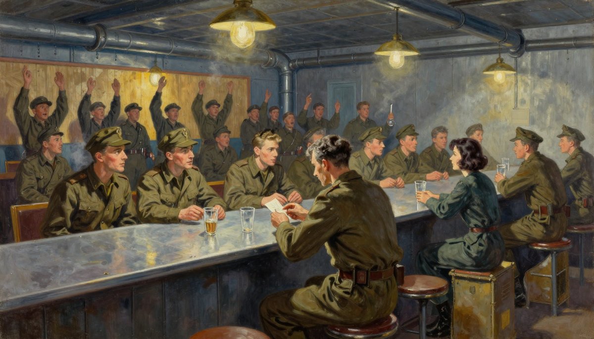 A painted crowded military station bar on armistice night: soldiers in worn olive fatigues celebrating under a low riveted ceiling, and at the counter's end a lean grey-haired man of about forty sitting apart with an untouched glass, folding a small square of paper