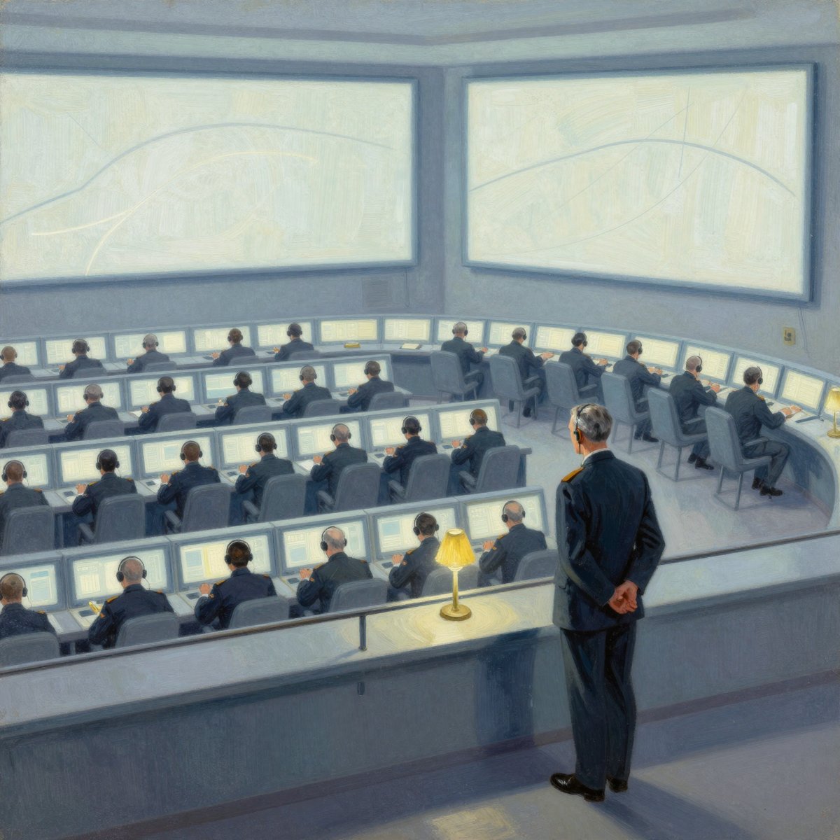 A painted deep military command centre seen from a gallery above: curved tiers of consoles falling away with operators seated at them, and one uniformed officer standing at the rail with his hands behind his back, looking down