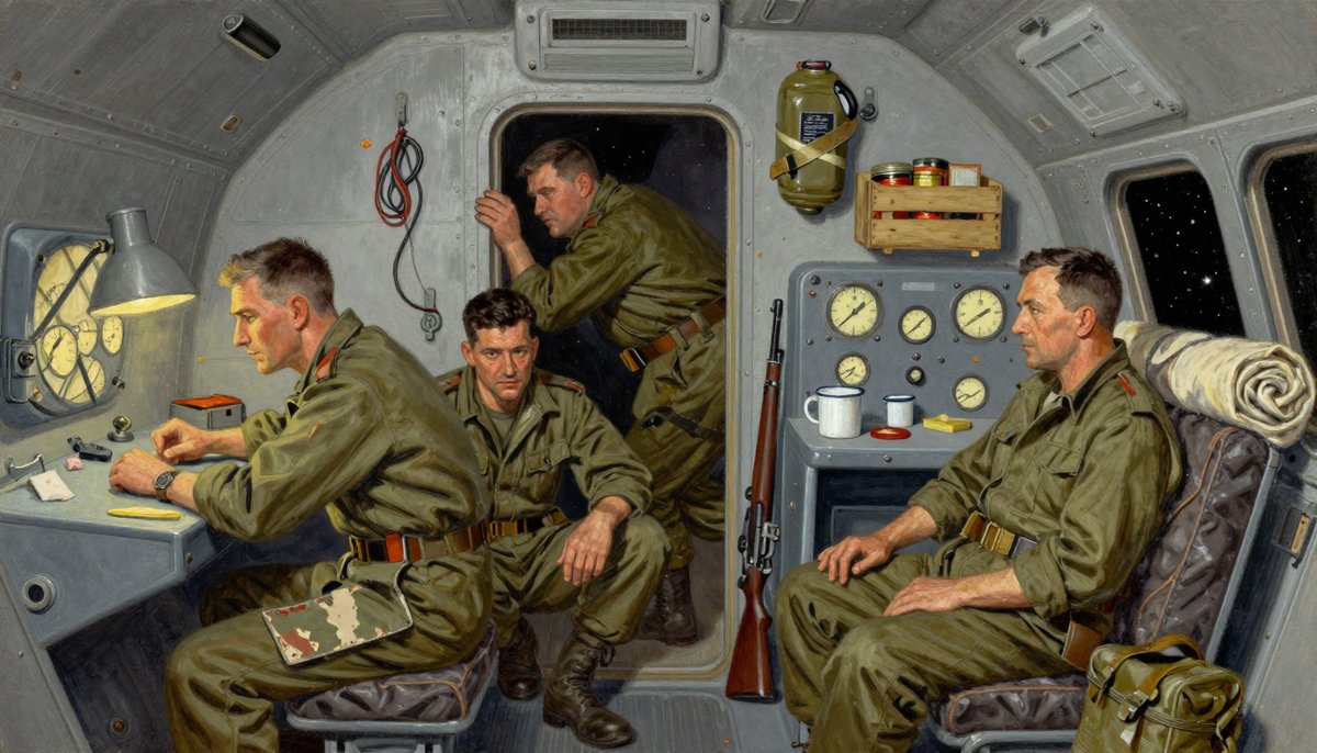 A painted cramped flight deck of an old transport running dark: four soldiers close together in low amber instrument light, one leaning on his forearms at a console, one crouched over an opened access panel, a very large man filling the doorway behind them