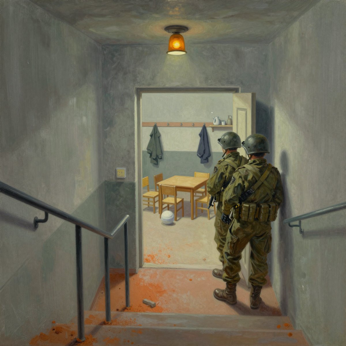 A painted concrete stair landing inside a Martian residential block: two soldiers stopped with weapons lowered, and through an open door beside them a small empty schoolroom with little chairs pushed back at angles and coats still on the hooks