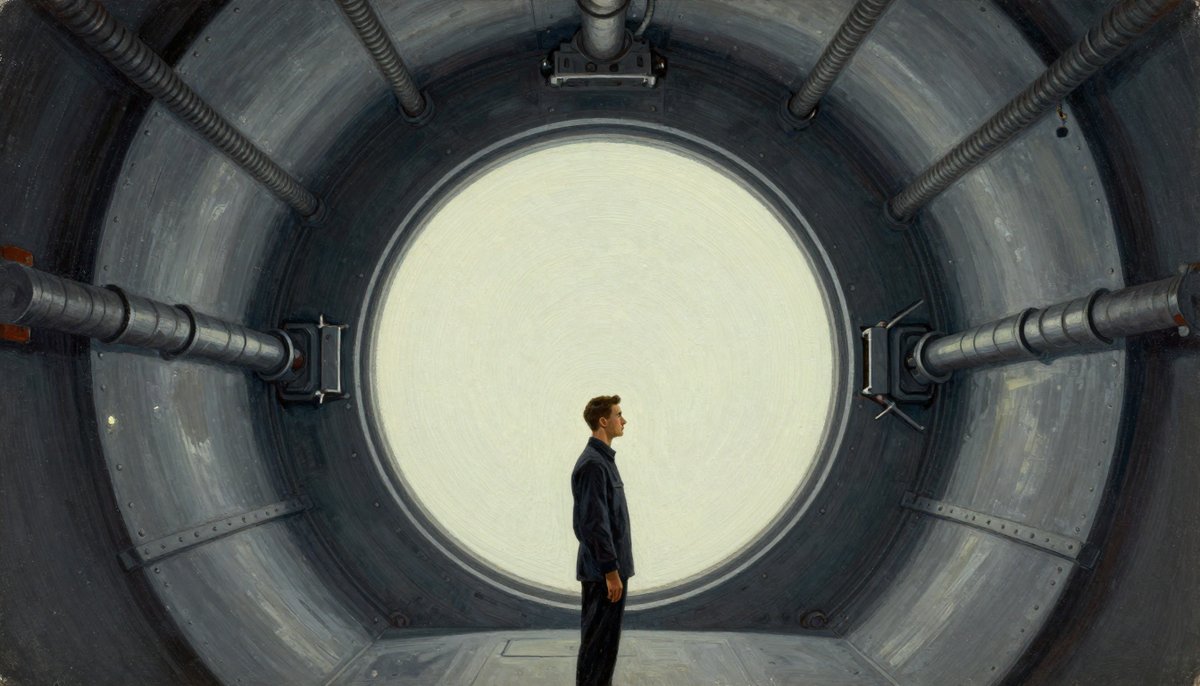 A painted vast riveted machine wall deep underground with a circular armoured seal drawn open at its centre and a wide plane of pale featureless light standing in the opening, and one small figure in a plain dark tunic standing half-length in the foreground facing it