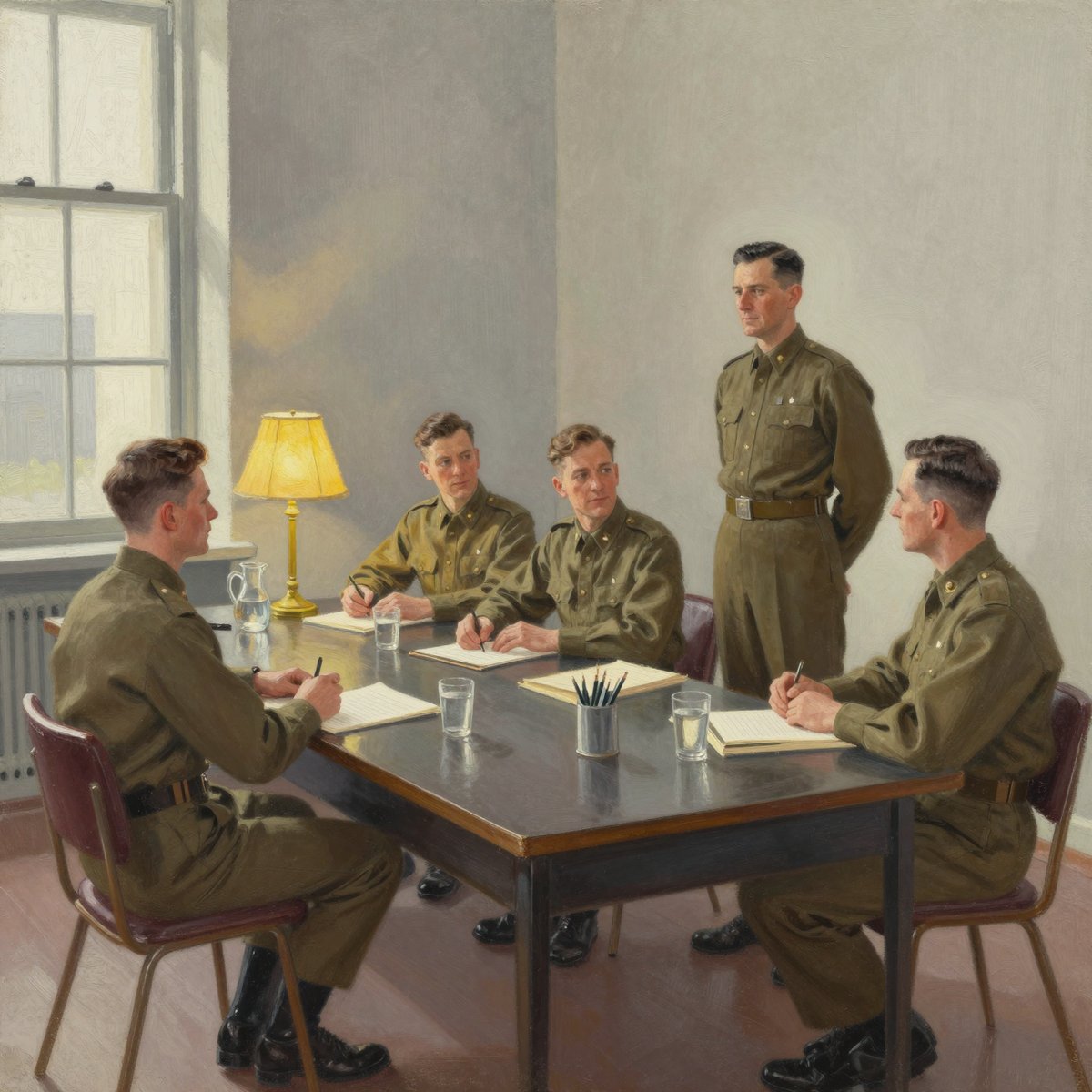 A painted plain administrative room in a peacetime headquarters: four officers in dress uniform seated along a long dark table with folders shut in front of them, and one man in a worn undecorated service uniform standing alone at parade rest on the near side