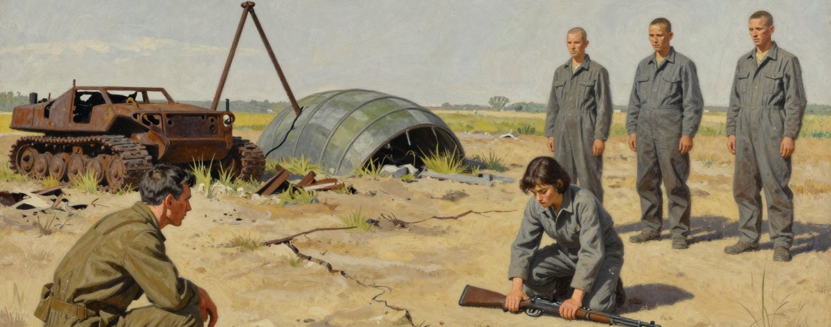 A painted field of mixed wreckage in low morning light, burnt human vehicle frames on one side and ribbed grey-green alien hulls on the other, where a soldier in plain grey armour kneels laying a rifle flat on the ground while a lean older man in olive fatigues crouches watching from the foreground