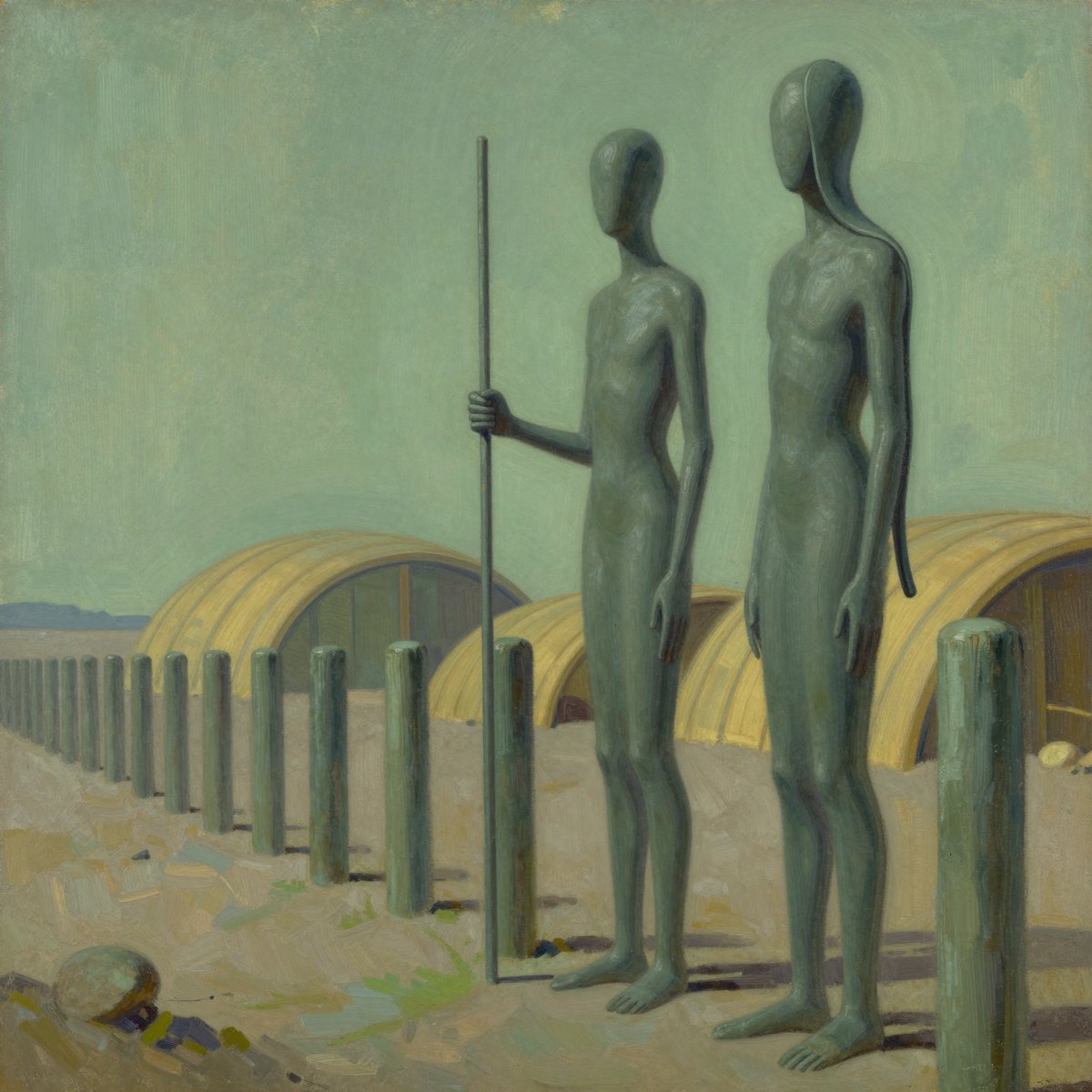 A painted alien boundary in green-gold evening light: a line of smooth grown grey-green posts running across open ground, low ribbed structures lit softly behind it, and two tall long-limbed alien sentries standing at the nearest post