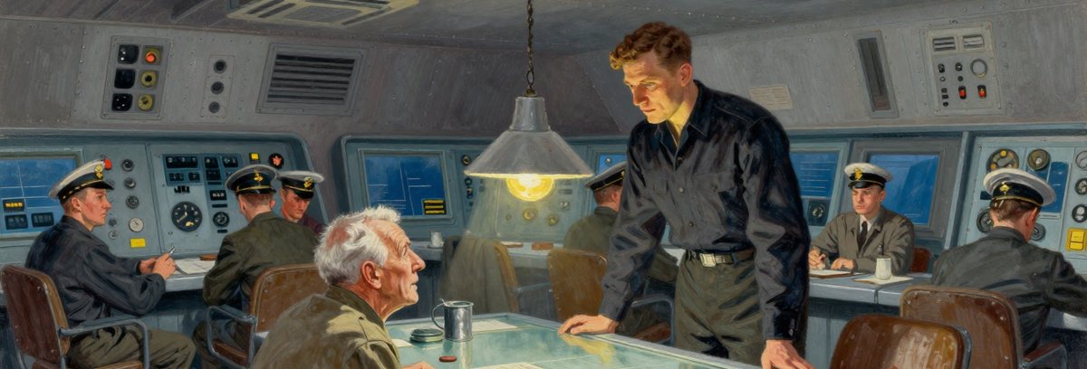 A painted dim command deck aboard an old barracks hulk: a very old stooped white-haired man seated in a worn chair at a plotting table, a tall narrow younger officer leaning over the far side of it, and around them teenage cadets and elderly chiefs at the consoles