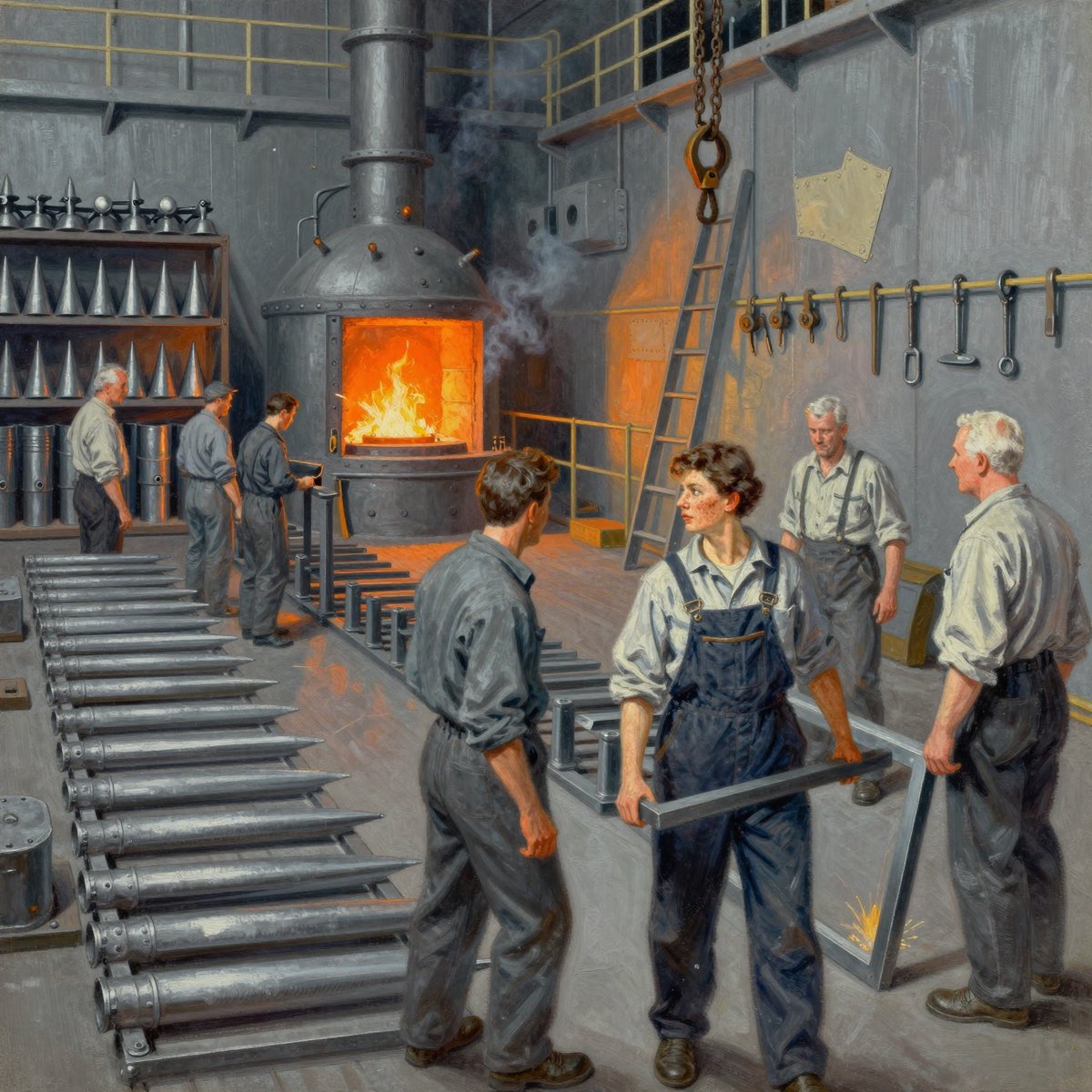 A painted factory-ship deck used as an arsenal: a glowing crucible furnace, casting moulds in rows, racks of unpainted shot and stacked drone airframes, worked by teenage cadets and white-haired chiefs, with a dark freckled woman in a coverall arguing in the foreground