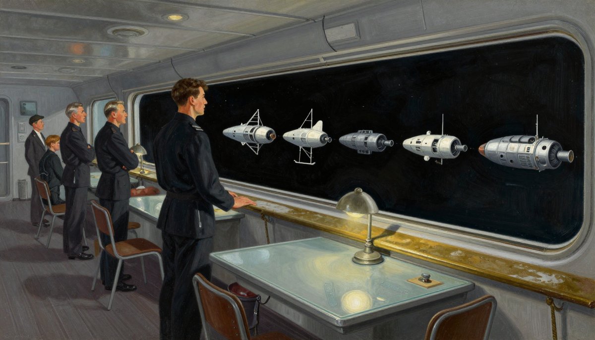 A painted observation deck aboard an old warship: a tall narrow young officer standing at a worn brass console rail with his back to us, three older officers watching him with folded arms, and beyond the long window a ragged line of mismatched blunt spacecraft against black
