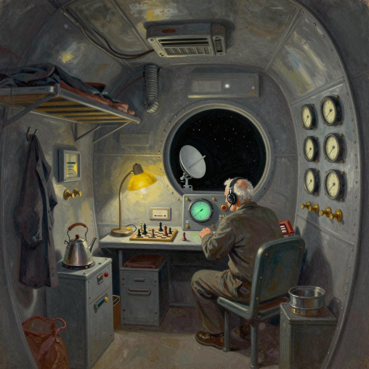 A painted cramped operations room in a monitoring post at the system's edge: an old keeper alone at a console with a headset on, leaning in and listening, a chess game left mid-play, and through a small port the curve of a dish antenna against black