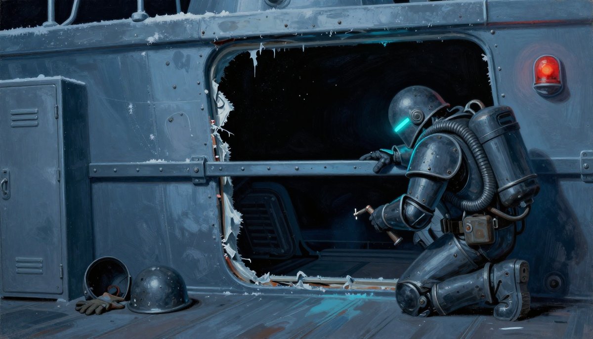 A painted wrecked ship compartment, frost on the bulkheads and a steel brace jacked across a split hull open to black and stars, with one dark-plated repair machine crouched alone beside it, a cutting torch still lit in its left forearm