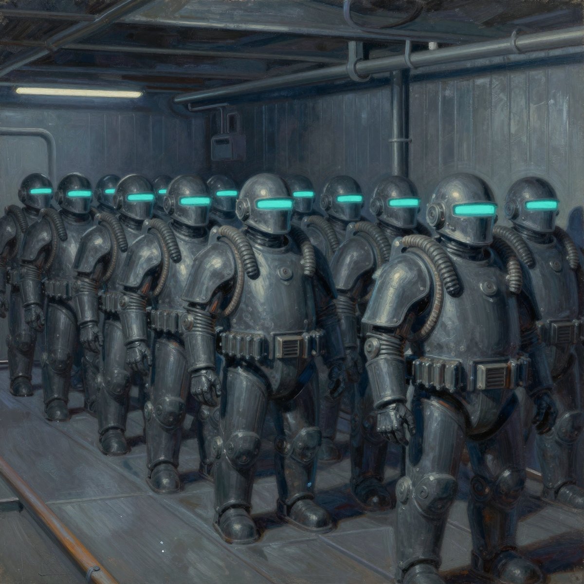 A painted dark steel hold with forty identical heavy dark-plated humanoid repair machines standing motionless in ranks, each with a featureless helmet crossed by a band of cyan light
