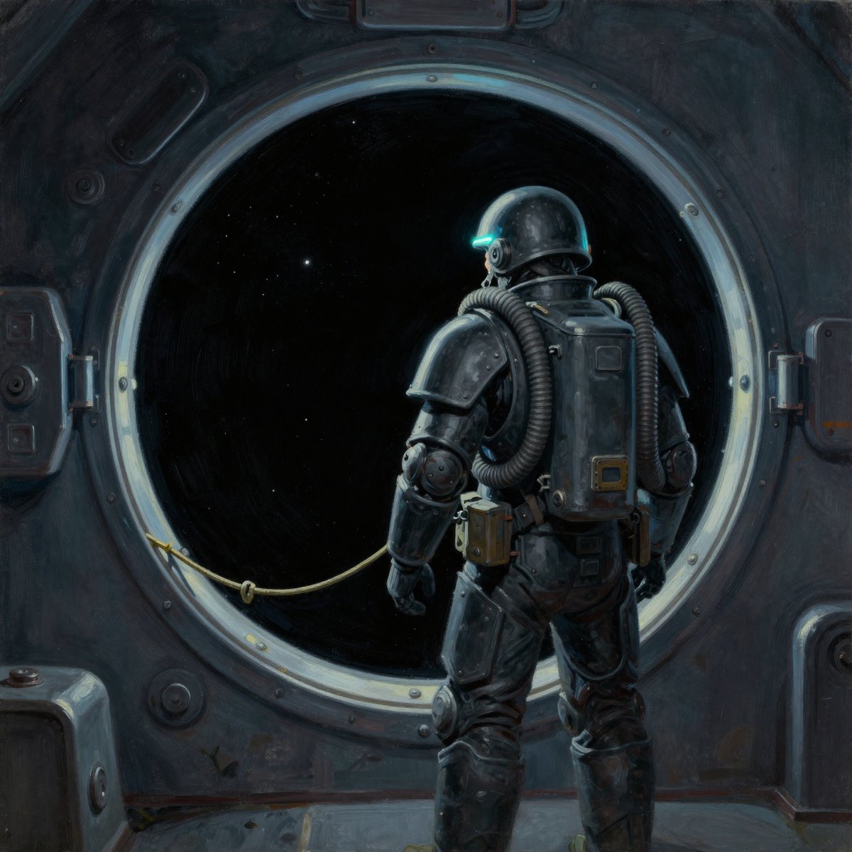A painted open outer hatch onto vacuum with a tether running out through it, and a dark-plated humanoid repair machine standing in the opening with one hand on the frame, looking out at pure black and hard stars