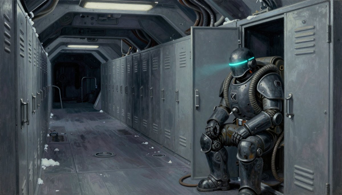 A painted dark drop bay lined with tall shut steel lockers, one standing open, and sitting on its lip a heavy dark-plated repair machine shaped like a man with corrugated hoses at the shoulders and a featureless helmet crossed by a single band of cyan light