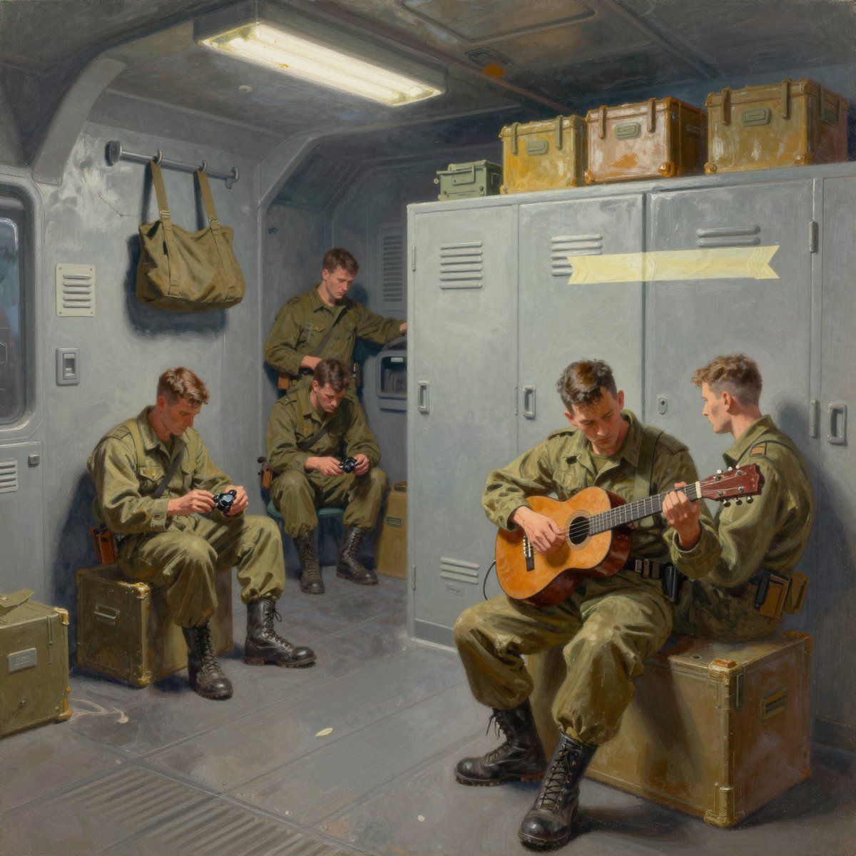 A painted equipment bay aboard a ship, grey bulkheads under a strip light. Six soldiers in olive fatigues rest among crates and kit: one sits playing a guitar while another leans in to listen, two work on small pieces of gear, and a kit bag hangs from a rail. A bank of grey lockers fills the right wall with metal cases stacked on top and a blank pale strip of tape running across the doors.