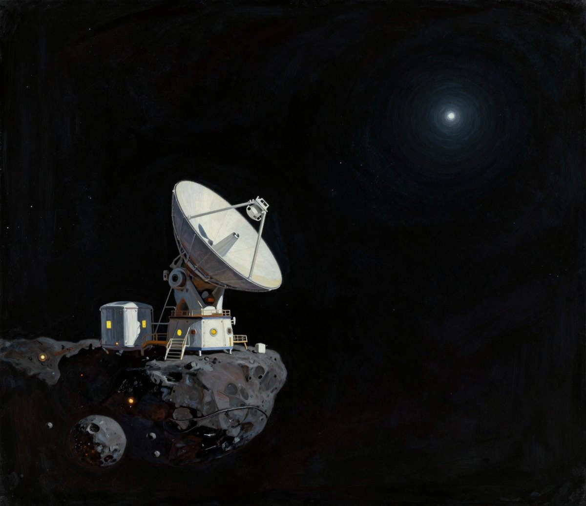 A painted scene of a small listening station built on a dark asteroid at the bottom left of the frame. A large white dish antenna on a mount points up and away, beside two lit modules with yellow windows and an external stair. Smaller rocks drift nearby. The rest of the picture is near-black empty space, with one distant star burning at the upper right.