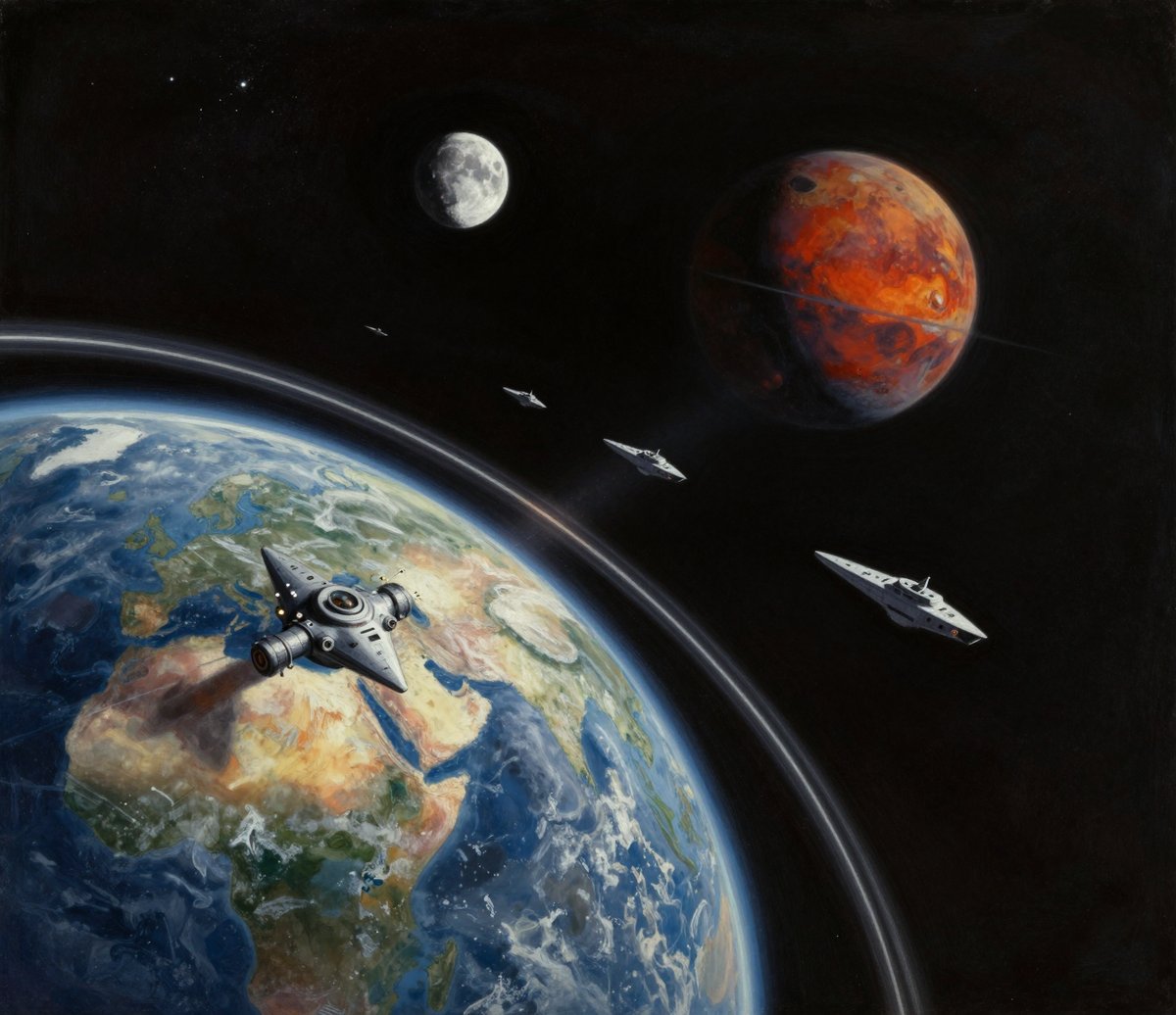 A painted view from high orbit. Earth fills the lower left, blue and white with Africa and Europe visible under cloud. A grey Moon and a banded rust red planet hang against black space above. A line of grey warships recedes from the foreground toward the red planet, each smaller than the last.