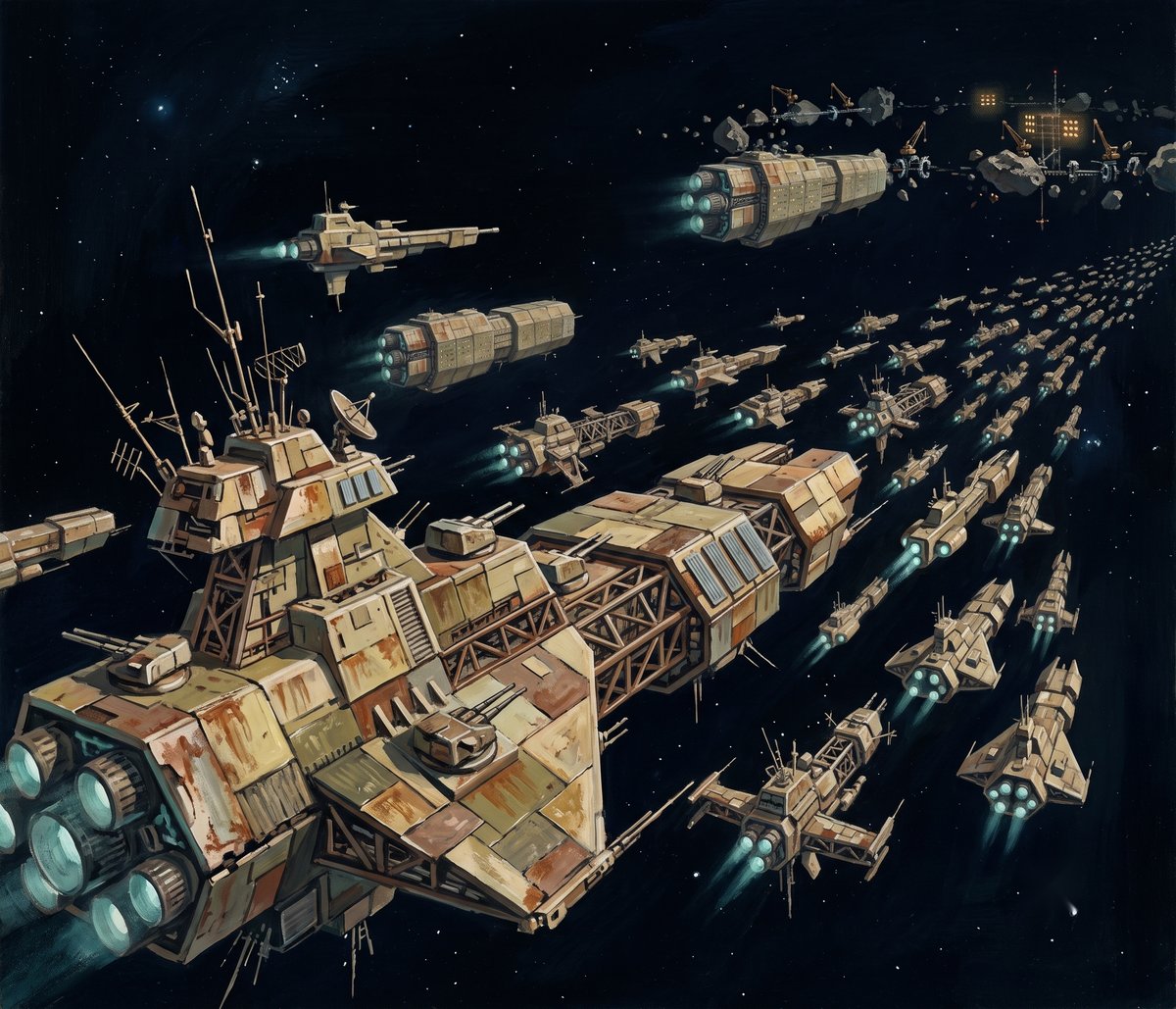 A painted view of a large fleet of mismatched, rust-streaked spacecraft holding formation against black space. A heavy, boxy command ship crowded with masts, dishes and gun turrets fills the lower left with its engines lit blue. Behind and to the right, ranks of smaller angular ships and cylindrical transports recede into the distance in a long diagonal line, and a lit station hangs among drifting rocks at the top right.