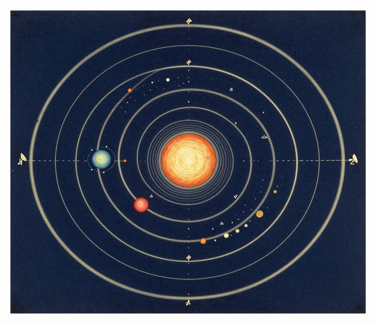 An illustrated chart of a solar system on dark blue paper. A bright yellow sun sits at the centre inside many fine concentric orbital rings drawn in pale ink. Small planets sit on the rings, including a blue-green one and a red one on the inner orbits, with smaller bodies and moons further out. Compass points and small marker symbols sit at the edges of the chart.
