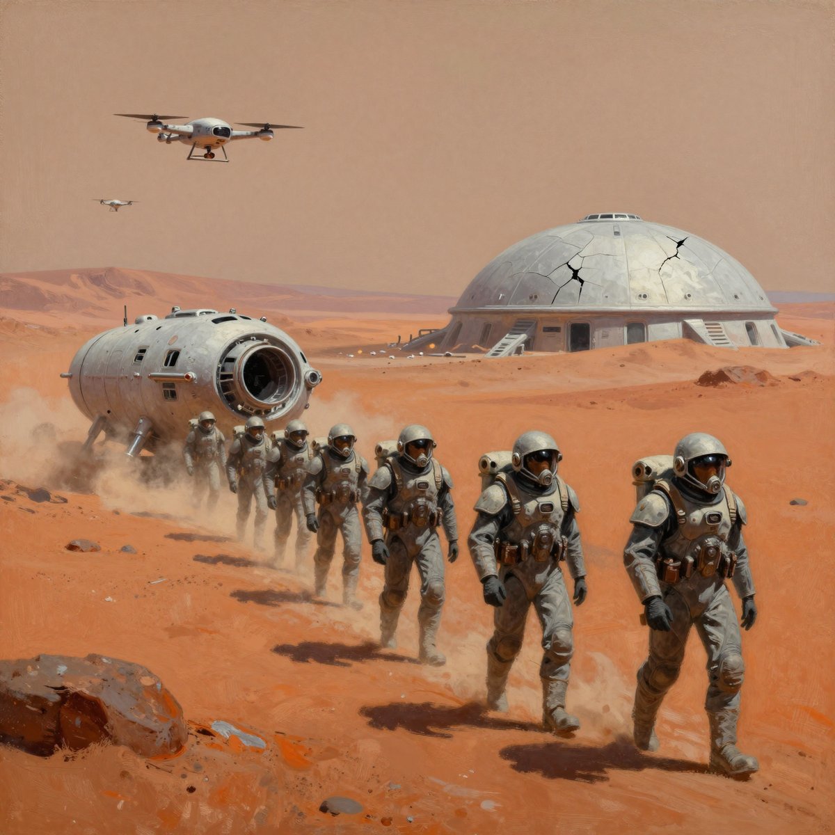 A painted rust-orange Martian plain under a hazy butterscotch sky. A file of soldiers in dusty grey pressure suits and domed helmets with breathing masks walks toward the viewer, kicking up dust. Behind them a downed or landed cylindrical craft rests on the sand with its hatch open, and a large cracked grey dome habitat with external stairs stands on the ridge beyond. Two small drones fly overhead.