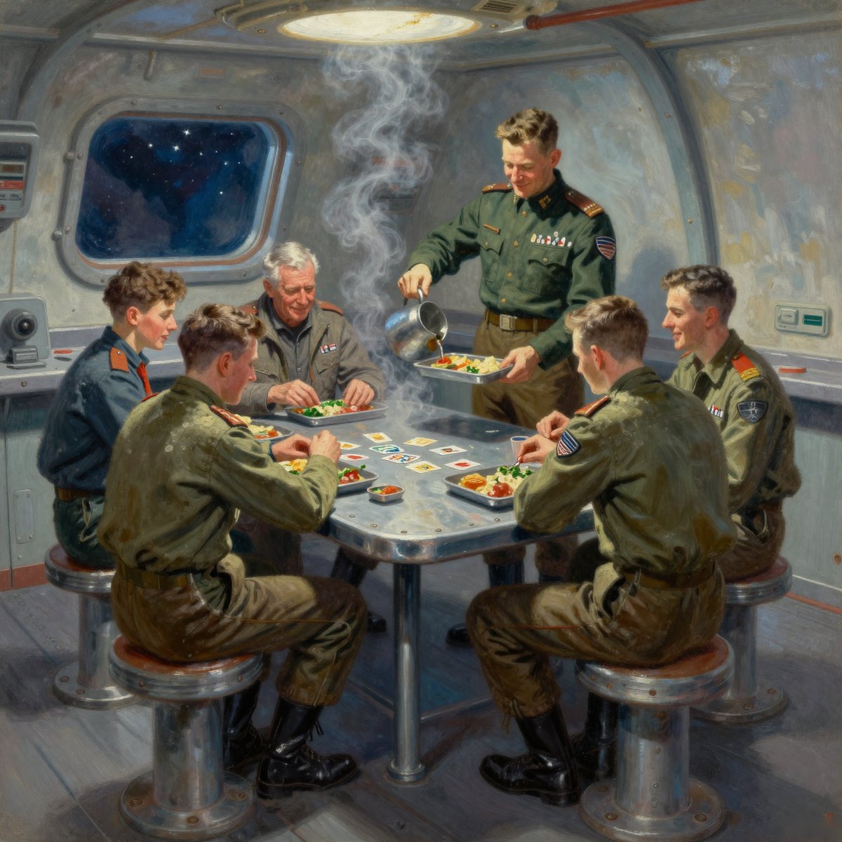 A painted mess room aboard a ship. Six crew in uniform sit on fixed metal stools around a bolted steel table, eating from compartment trays, with a card game laid out between them. One officer stands and pours from a steaming jug onto another's tray. A round viewport in the bulkhead behind shows black space and stars, and a domed light glows overhead.