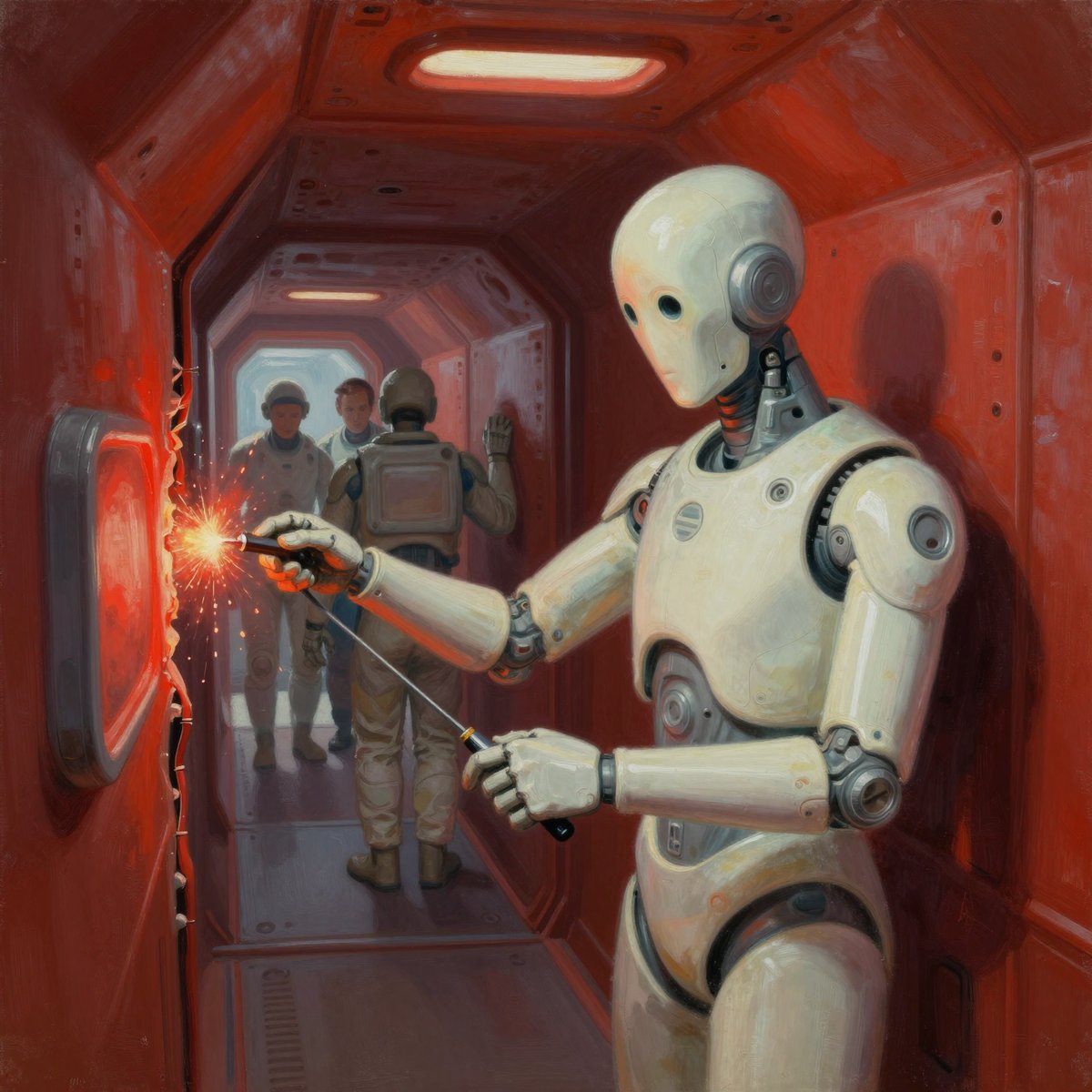 A painted corridor lit red by emergency lighting. A pale humanoid synthetic with a smooth featureless face and exposed metal joints stands at the right, working a cutting or sealing tool along a split seam in the hull wall, throwing orange sparks. Further down the corridor three crew in helmets and heavy gear stand watching, one with a hand raised against the bulkhead.