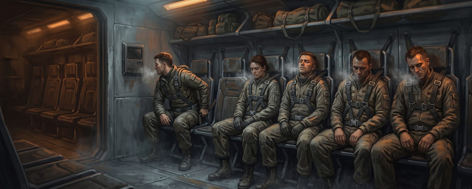 A reserve crew strapped into jump seats in the cold hold of a troop transport, waiting